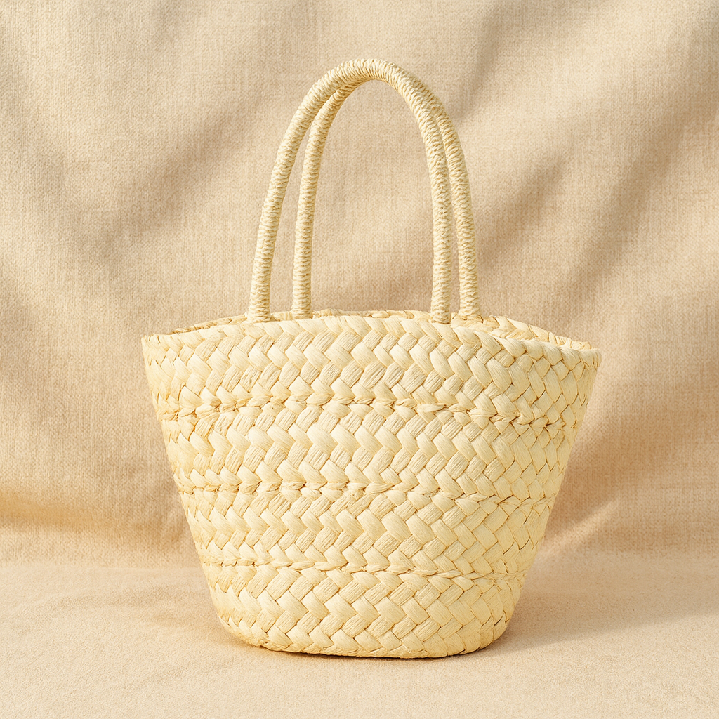 “Handwoven corn husk tote bag photographed under soft natural light on neutral fabric background, by Solmerea.”