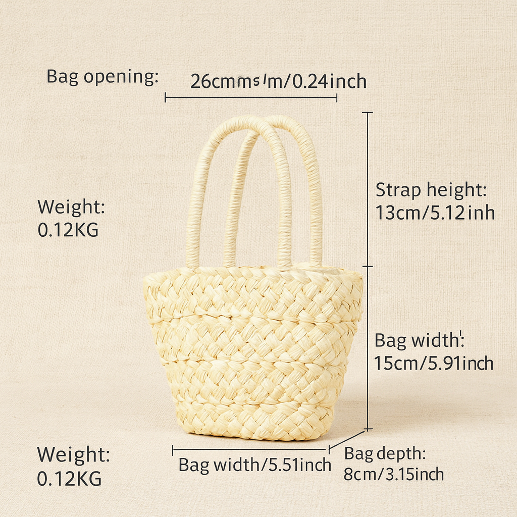 “Product size and dimension chart of handwoven corn husk handbag showing width, depth, strap height, and weight, by Solmerea.”