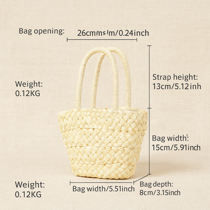 “Product size and dimension chart of handwoven corn husk handbag showing width, depth, strap height, and weight, by Solmerea.”