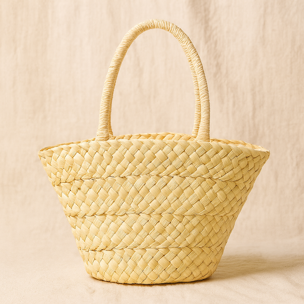 “Natural handwoven corn husk tote bag displayed on beige background highlighting woven layers, by Solmerea.”