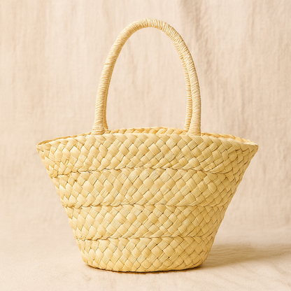 “Natural handwoven corn husk tote bag displayed on beige background highlighting woven layers, by Solmerea.”