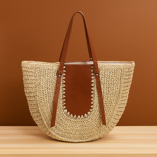 “Semicircular handwoven straw clutch bag with brown leather accent and long handles, natural tone, by Solmerea.”