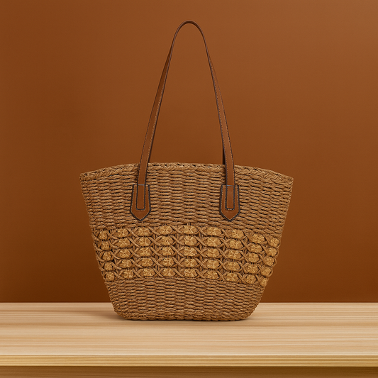 Large straw shoulder tote with leather straps in warm brown, woven band detail, by Solmerea.