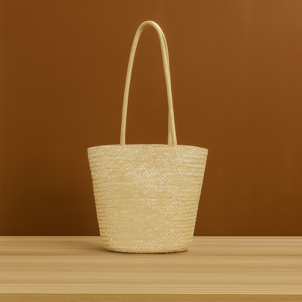 Handwoven straw beach tote bag with long handles, displayed on a wooden surface against a warm brown background.