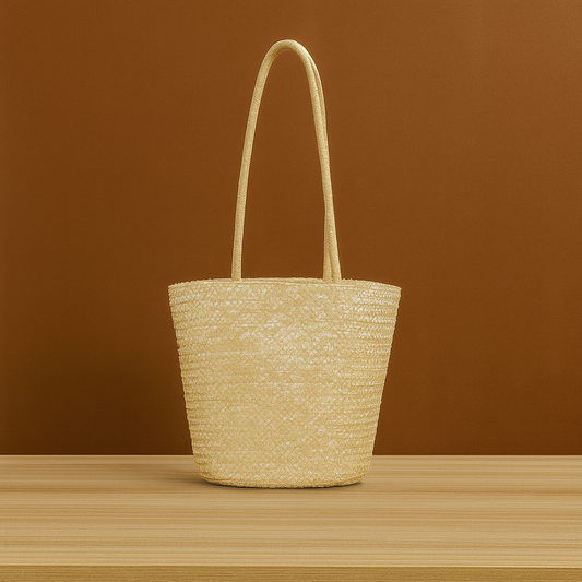 Handwoven straw beach tote bag with long handles, displayed on a wooden surface against a warm brown background.
