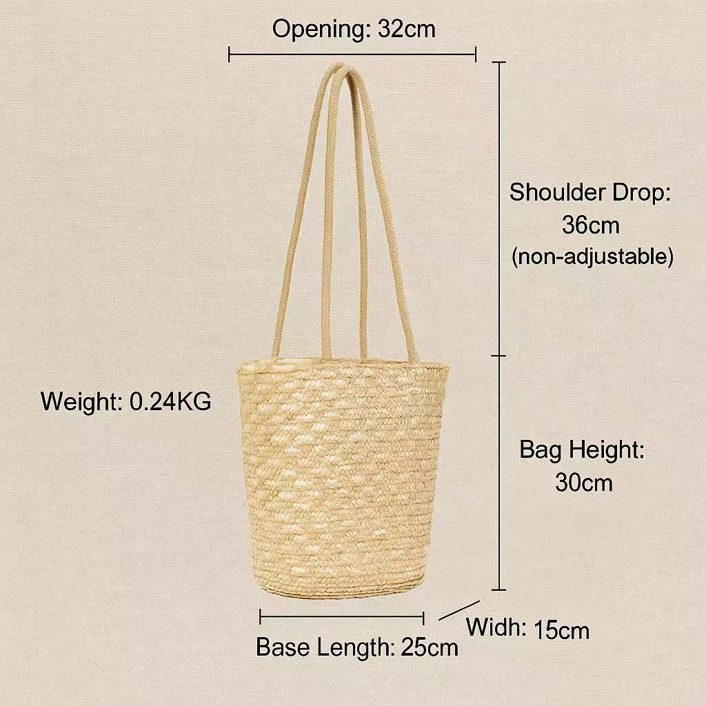 Size chart image showing straw beach tote bag dimensions: 32cm opening, 30cm height, 25cm base length, 15cm width, 36cm strap drop, 0.24kg weight.