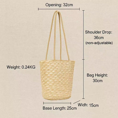 Size chart image showing straw beach tote bag dimensions: 32cm opening, 30cm height, 25cm base length, 15cm width, 36cm strap drop, 0.24kg weight.
