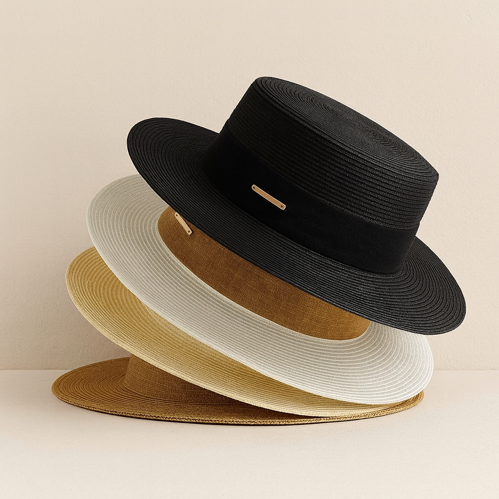Stack of four straw hats in black, white, beige, and brown tones arranged in modern layered composition.