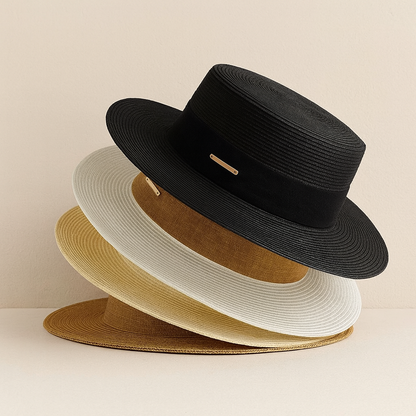 Stack of four straw hats in black, white, beige, and brown tones arranged in modern layered composition.