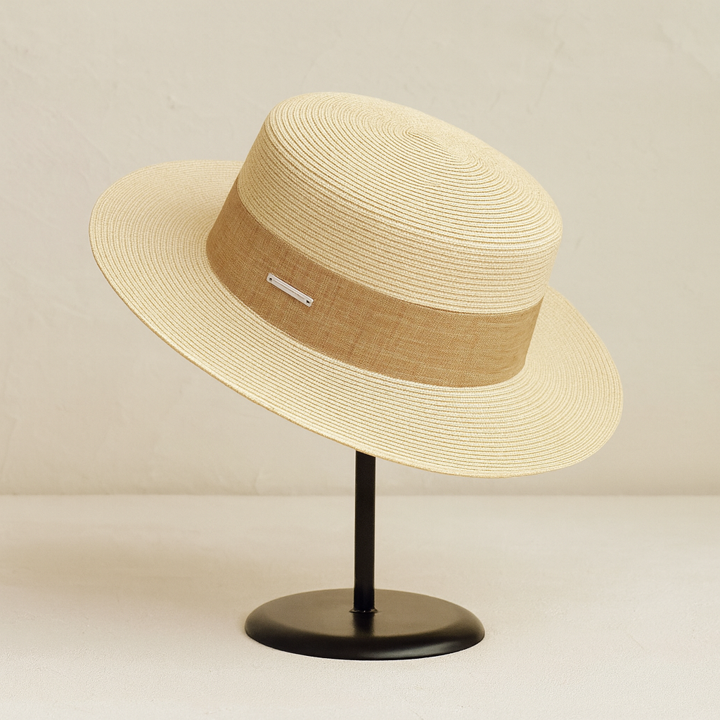Beige straw hat with linen band displayed on elegant black metal stand, highlighting fine weave texture.