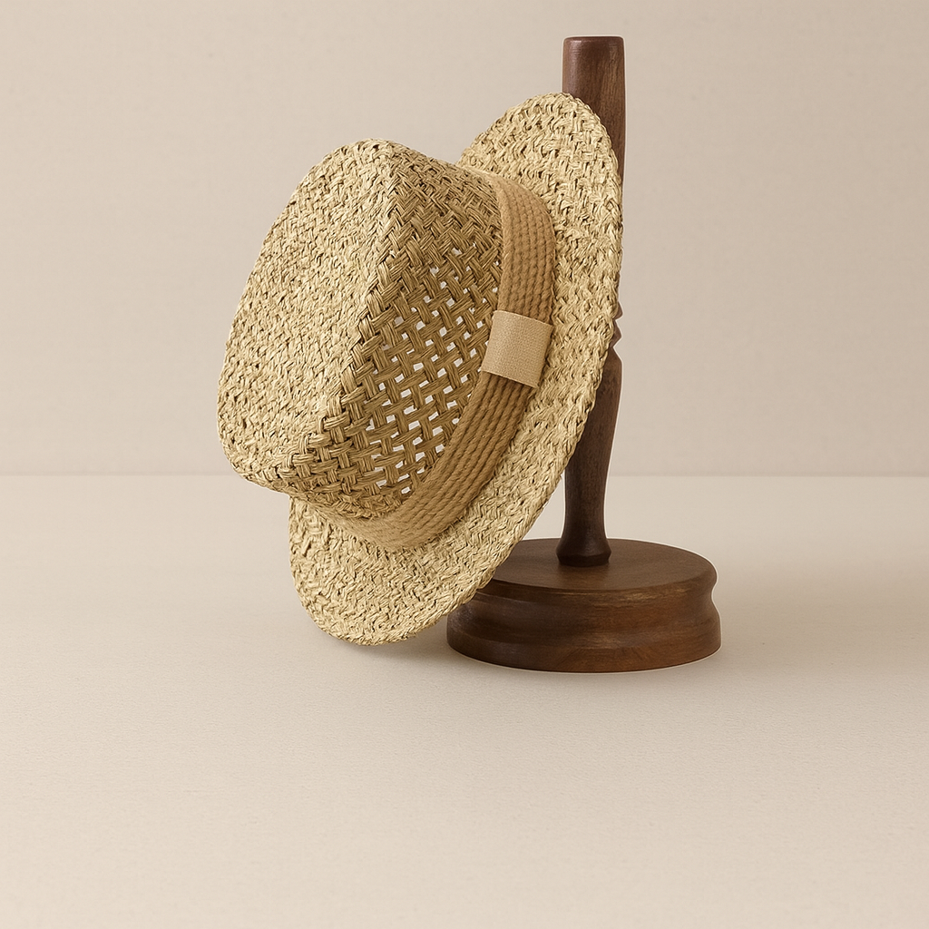Straw hat displayed on a wooden stand, highlighting structure and craftsmanship in soft neutral lighting.