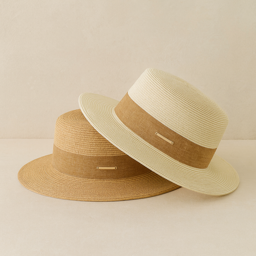 Two lightweight straw hats in beige and ivory tones side by side, showing color variations and craftsmanship.