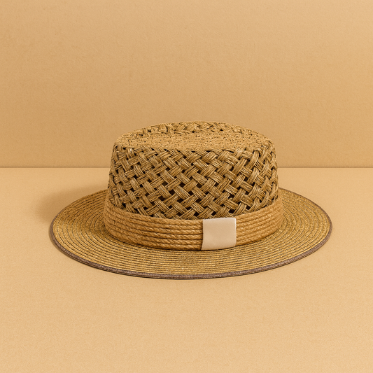 Handwoven straw sun hat with a flat top and cream accent band, displayed on beige background for a minimalist look.