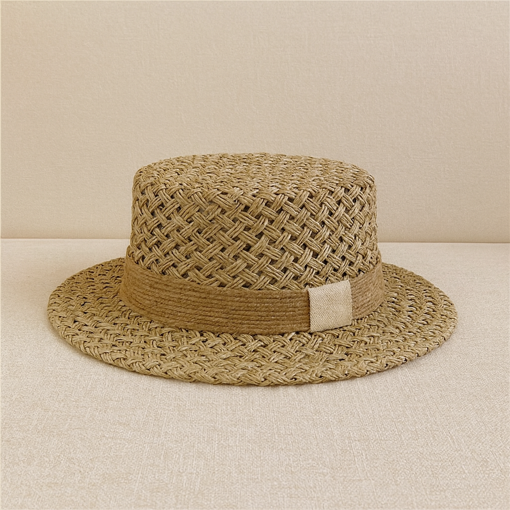 Natural straw hat with lattice weave texture and beige fabric trim, shown on neutral linen surface.