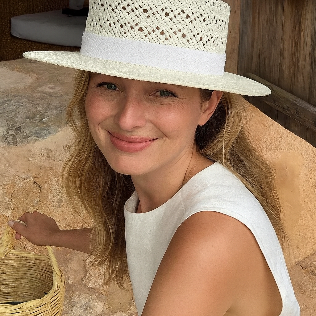 Woman wearing white woven straw hat with beige band, paired with sleeveless white dress in natural outdoor setting.