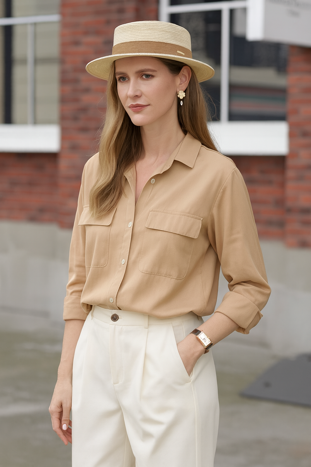 Woman wearing beige lightweight straw hat with brown band, styled with neutral outfit in an urban outdoor setting.