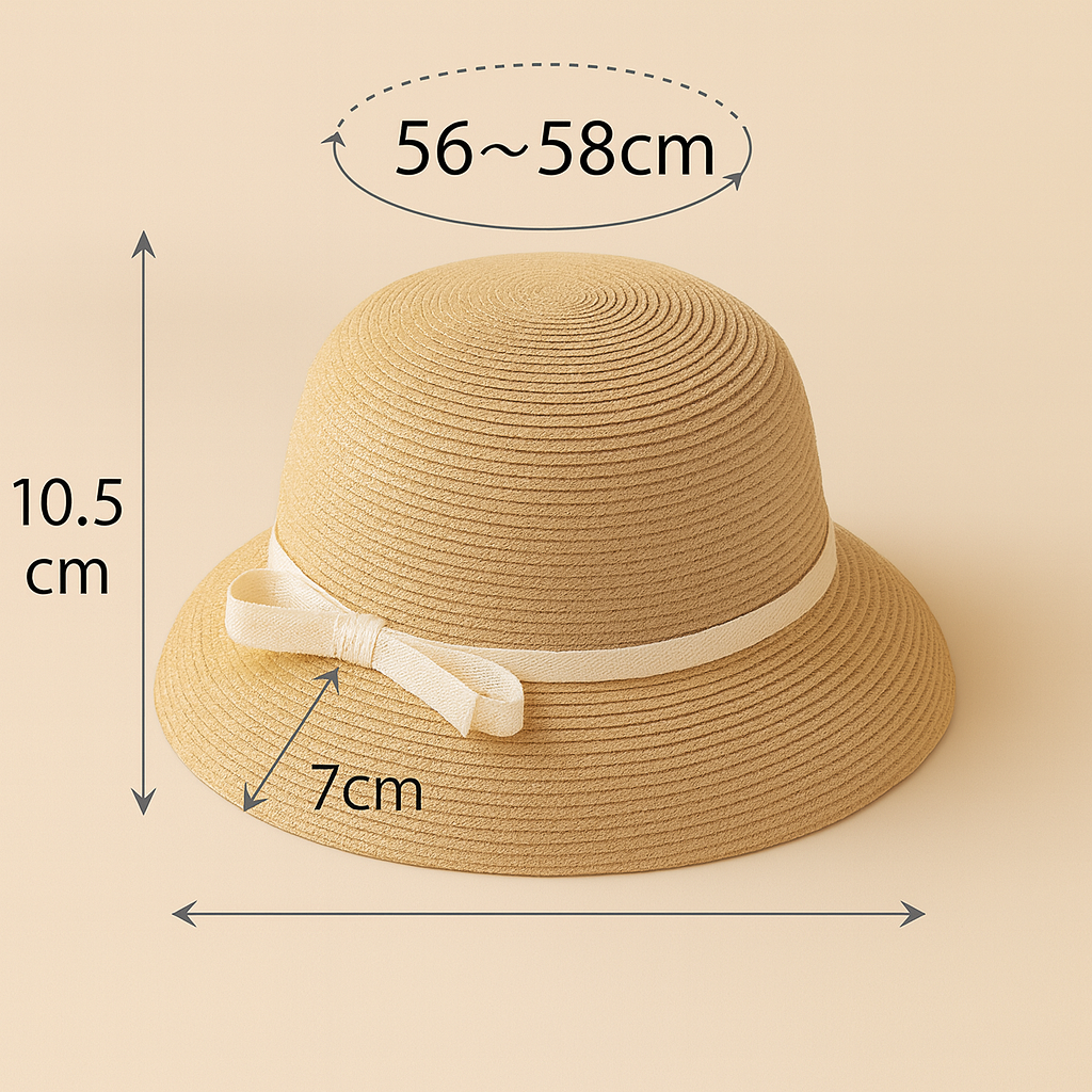 Product size reference image showing dimensions of straw hat, including brim width and head circumference.