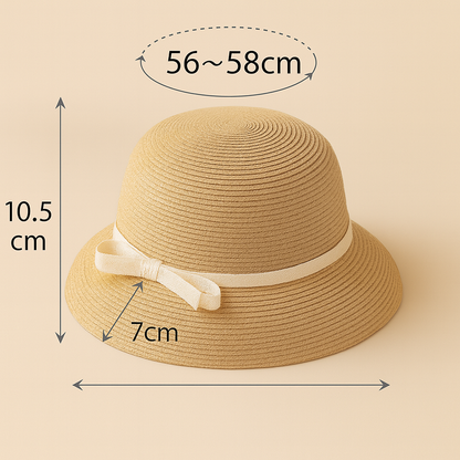 Product size reference image showing dimensions of straw hat, including brim width and head circumference.