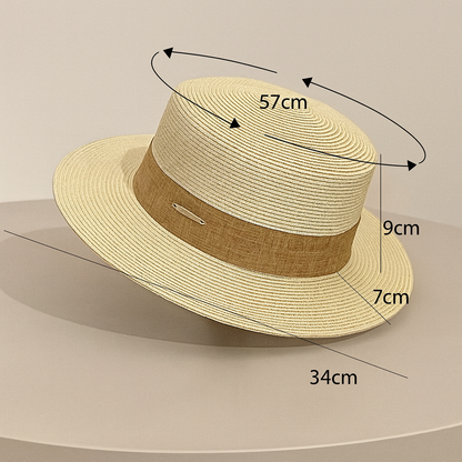 Product size guide for straw hat showing brim, crown, and circumference dimensions in centimeters.