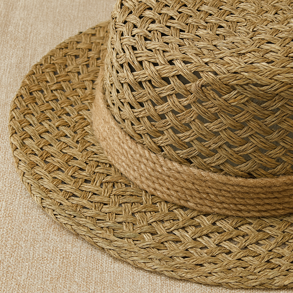 Close-up of straw hat brim showing detailed cross-woven pattern and rope accent for rustic texture.