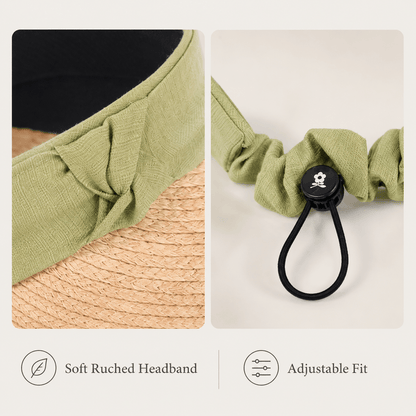 Close-up of the soft ruched headband and adjustable toggle on a sage green floral straw visor