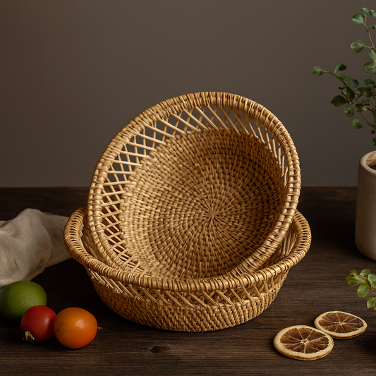 Sturdy Rattan Fruit Tray set of two nested round rattan baskets on tabletop, natural finish.