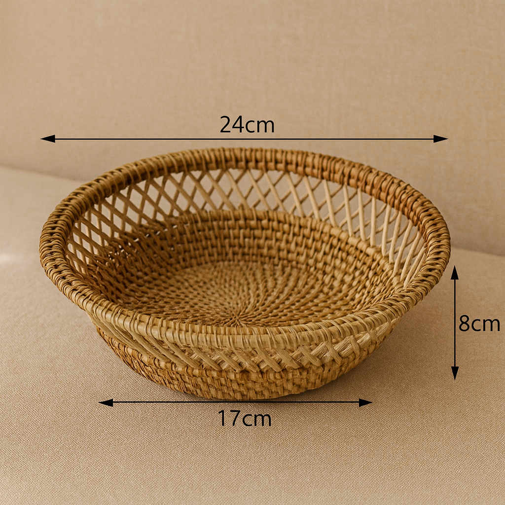 Small Sturdy Rattan Fruit Tray with size guide showing 24 cm diameter, 17 cm inner diameter, and 8 cm height.