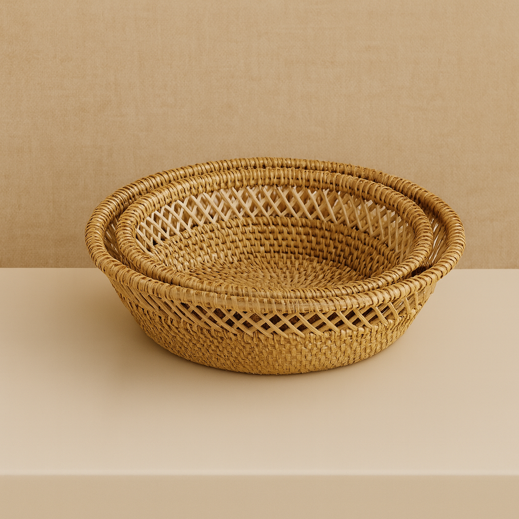 Studio view of two Sturdy Rattan Fruit Trays nested together against neutral backdrop