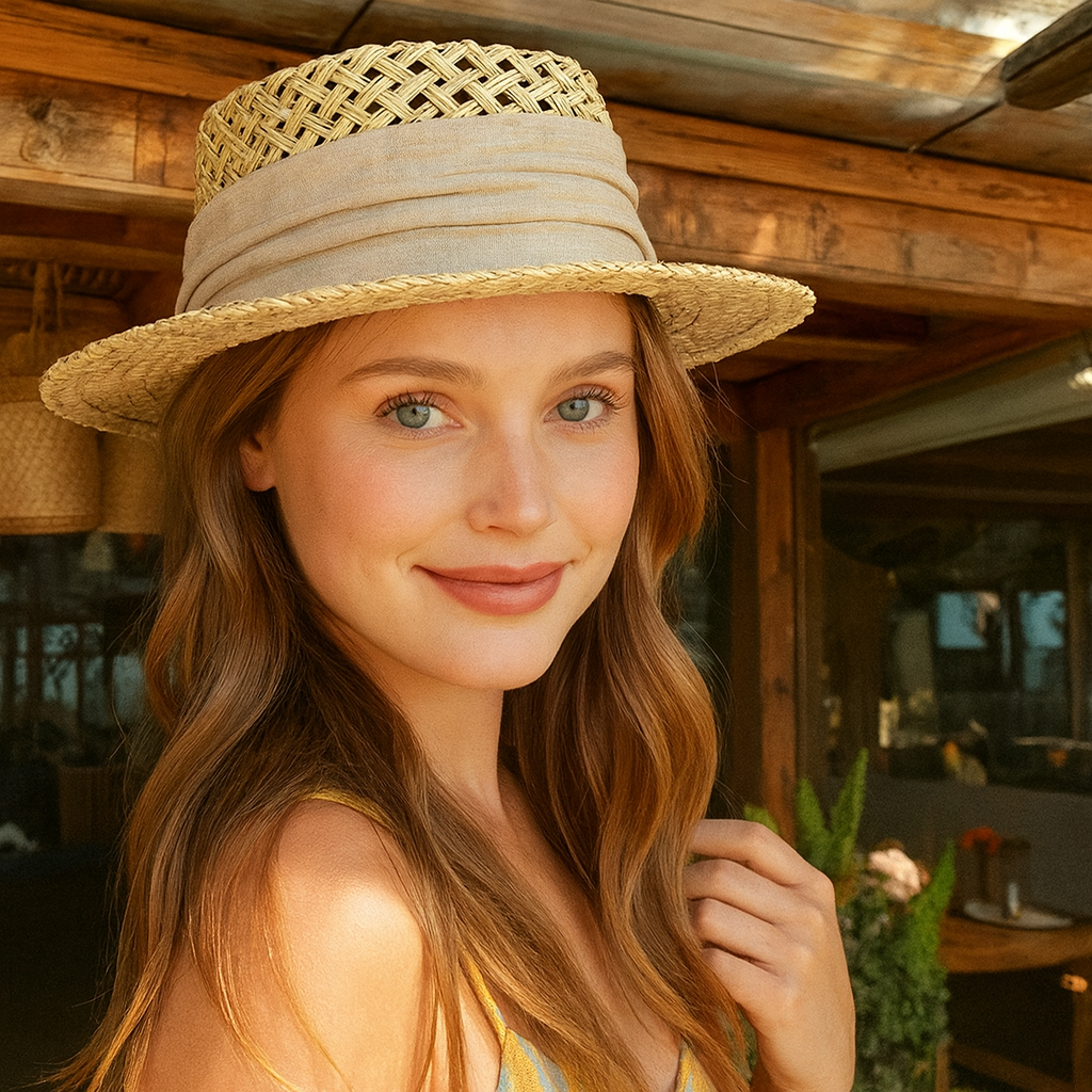 Woman wearing a vintage straw hat with a beige fabric band, smiling softly in outdoor sunlight for a relaxed summer look.