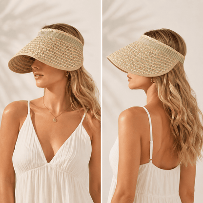 Front and side views of a woman wearing a green khaki braided wide brim straw visor hat