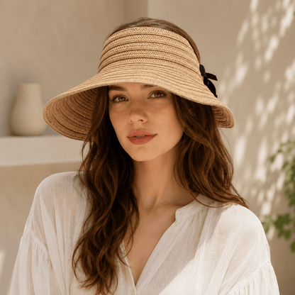 Woman wearing a natural woven wide brim straw visor hat with a lightweight summer outfit