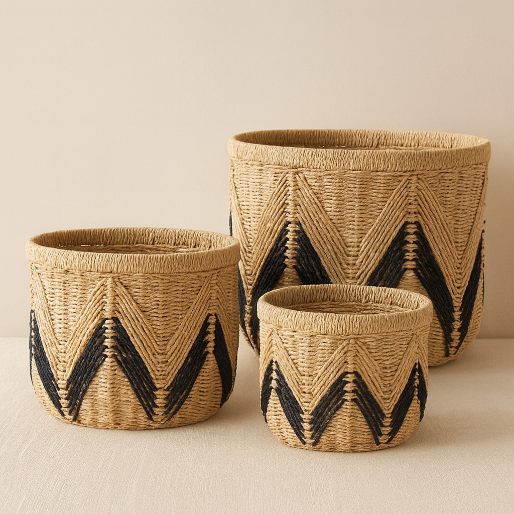 Set of three paper rope baskets with black zigzag weaving pattern, shown in soft neutral lighting.