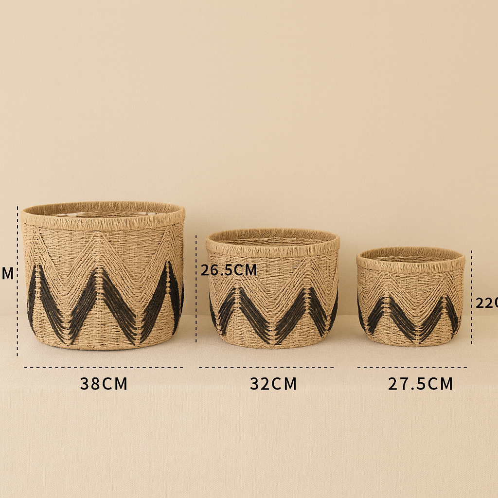 Three woven storage baskets with dimensions labeled: 38cm, 32cm, and 27.5cm width, and heights of 30cm, 26.5cm, and 22cm.