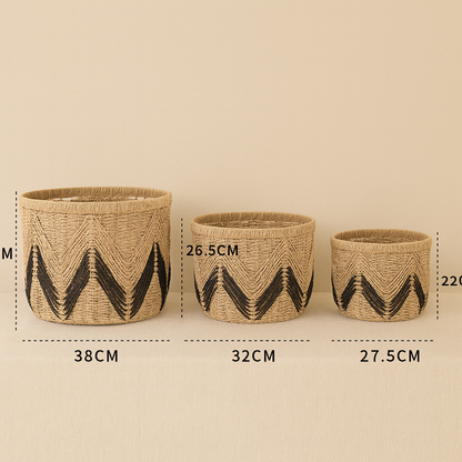 Three woven storage baskets with dimensions labeled: 38cm, 32cm, and 27.5cm width, and heights of 30cm, 26.5cm, and 22cm.