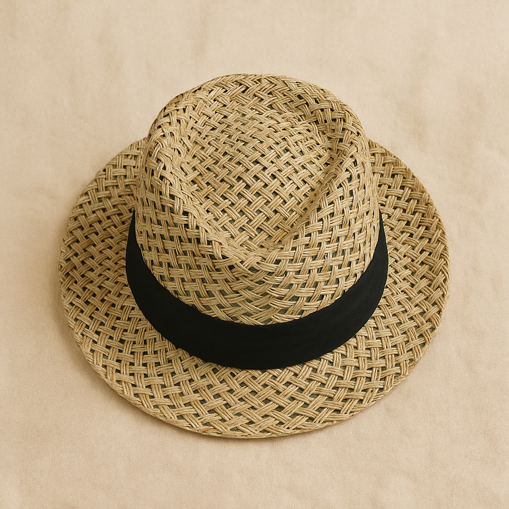 Handwoven straw fedora hat with black ribbon band displayed on beige background, classic unisex summer accessory.