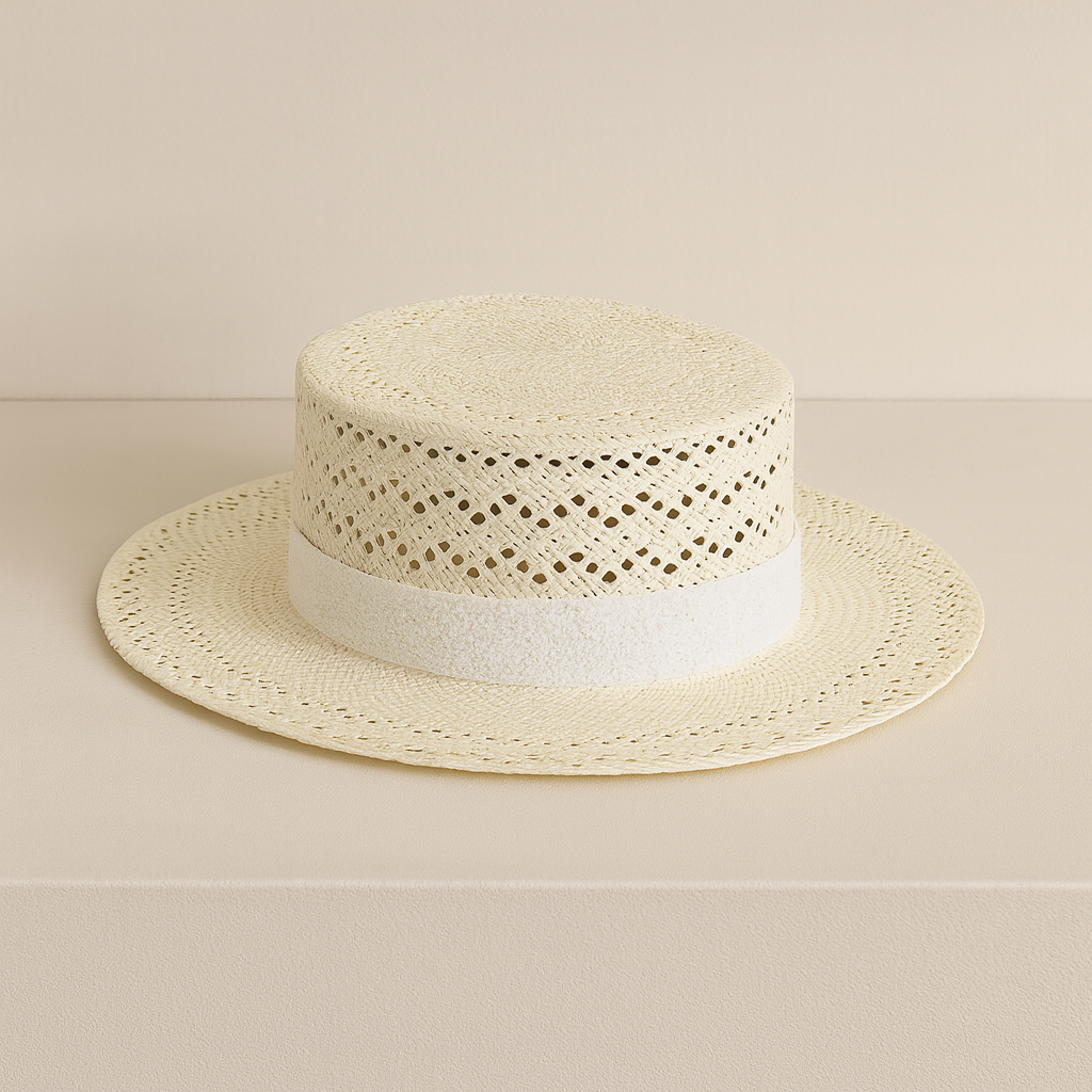 Minimalist display of ivory straw hat with wide white band, showcasing fine open-lace weaving and smooth brim.