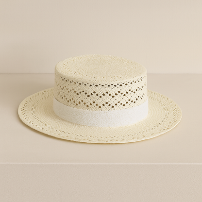 Minimalist display of ivory straw hat with wide white band, showcasing fine open-lace weaving and smooth brim.