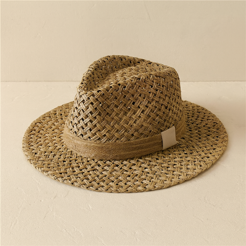 Handcrafted straw Panama-style hat with wide brim and open-weave design, made for breathable summer wear.
